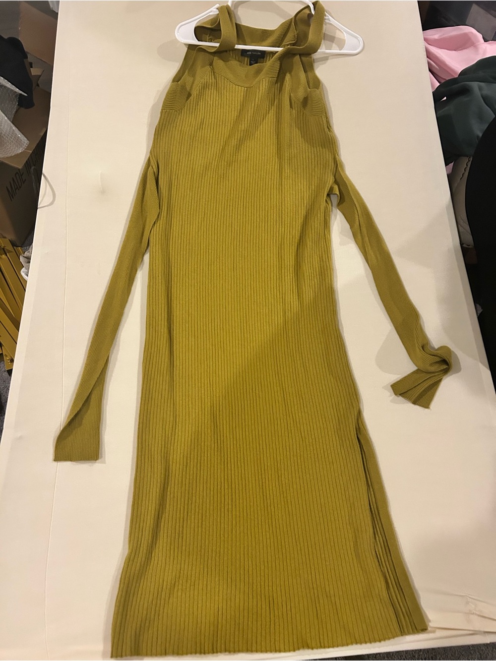 Ann Taylor Mustard Ribbed Cold-Shoulder Maxi Dress